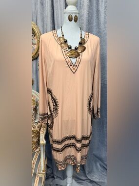 Beige Embellished V-Neck Tunic Dress with Jewelry Set